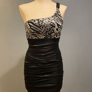 Ruby Rox Black and White Asymmetrical Ruched Cocktail Dress